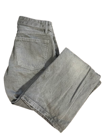 A pair of folded gray denim jeans, showing the back pocket and waistband details, isolated on a white background.