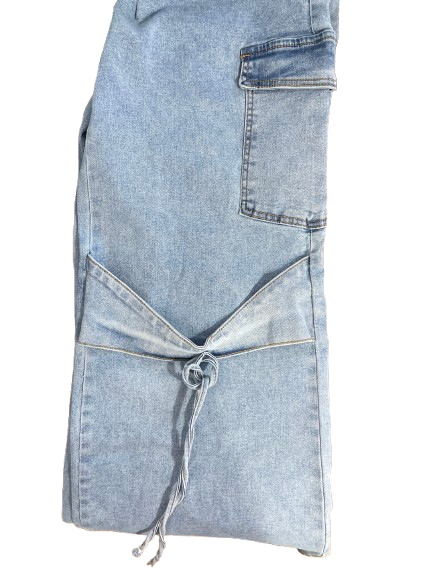 Light wash wide leg cargo jeans size 16 with lace-up leg detail closeup
