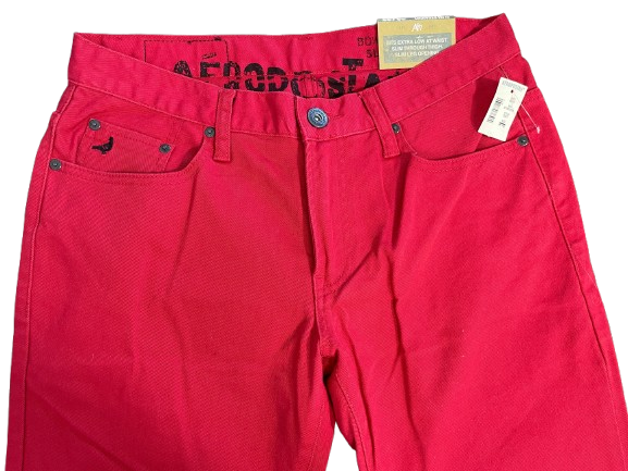 Aeropostale red Bowery Slim Straight jeans size 32x32 waistband and original retail tags closeup