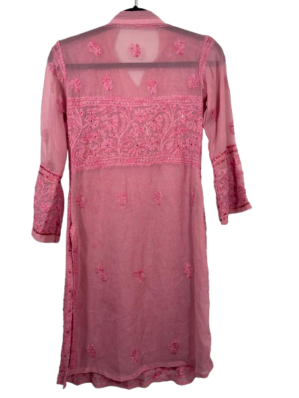 Size Small pink sheer embroidered Indian style kurta tunic with side slits back view