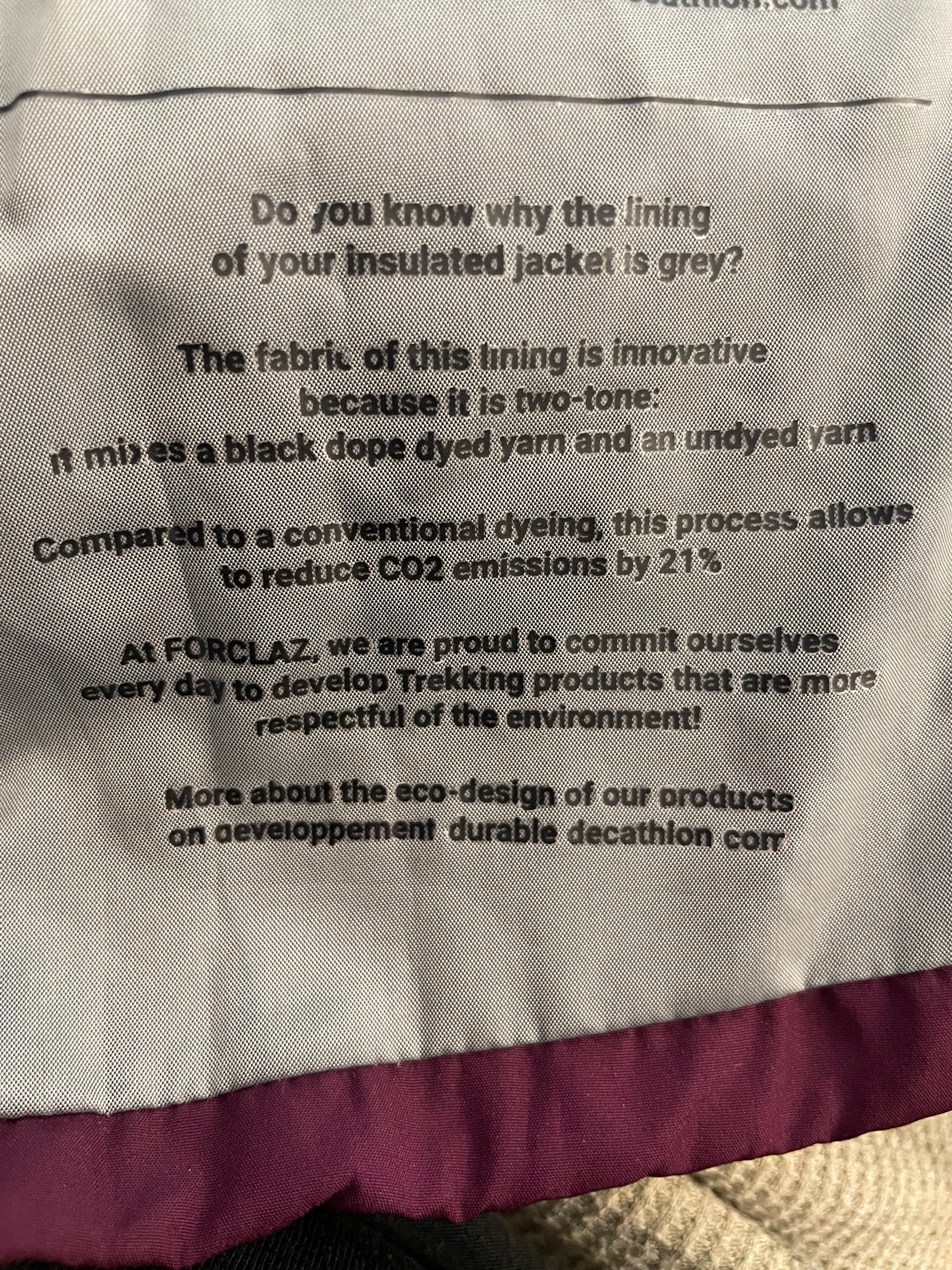 Forclaz burgundy insulated jacket grey eco-designed lining brand detail