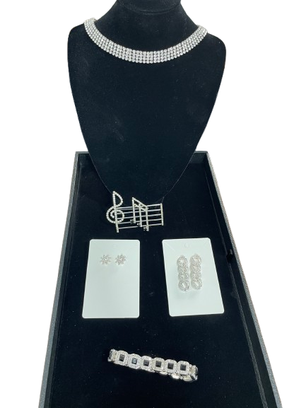 5-piece silver tone rhinestone costume jewellery set with choker bracelet earrings and vintage musical brooch