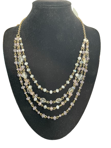 Five strand gold tone beaded statement necklace with ivory lavender and translucent beads