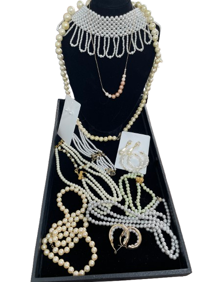 12-piece faux pearl costume jewellery collection with necklaces earrings bracelet and statement choker