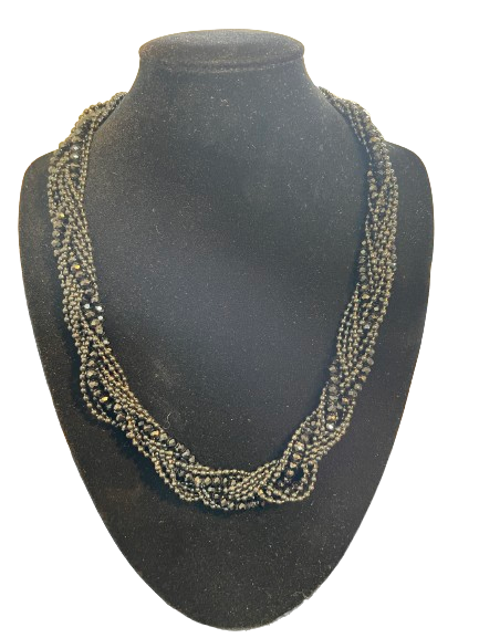 Unbranded black and gunmetal multi-strand seed bead statement necklace front view