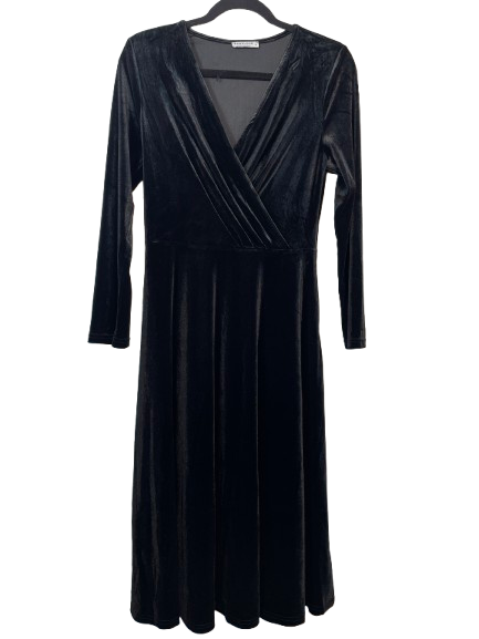Size Medium BeryLove black velvet wrap style V neck midi dress front view