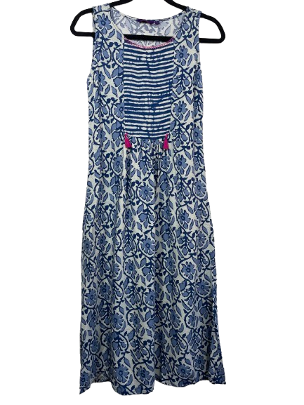 Srishti women's size small blue floral sleeveless rayon maxi dress front view