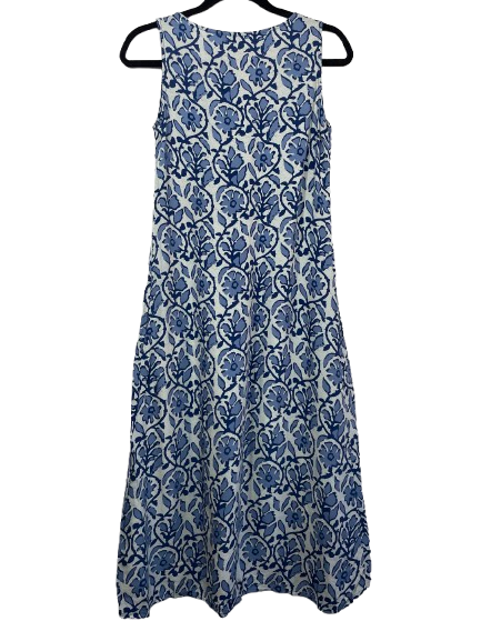 Srishti women's size small blue floral sleeveless rayon maxi dress back view