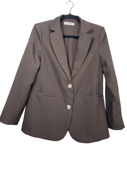 PrettyGarden women's size small brown two-button tailored blazer front view