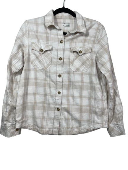 Frank And Oak women's size small cream beige plaid organic cotton flannel shirt front view