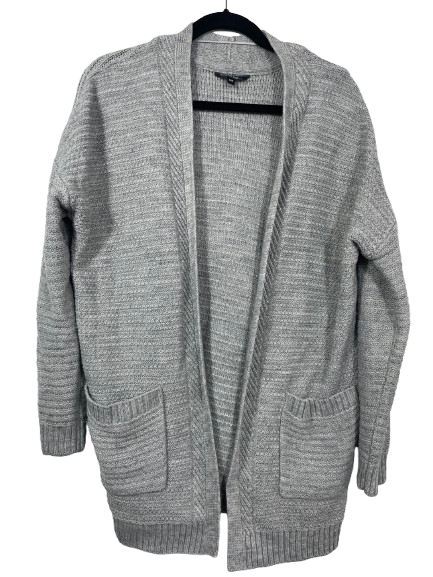 George men's size medium grey longline open-front knit cardigan with pockets front view