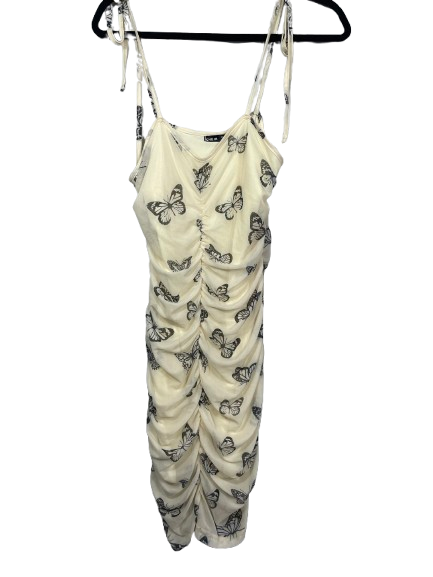 SHEIN BAE women's size medium cream brown butterfly print ruched bodycon dress front view