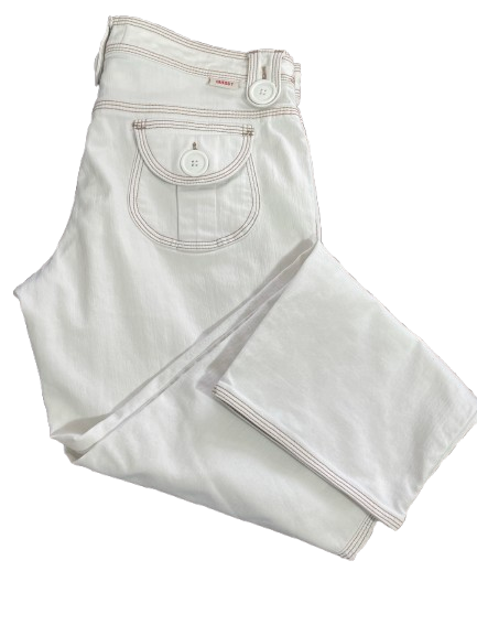 GUESS women's size 27 white low rise cropped jeans with contrast stitching and button details