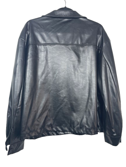 SHEIN women's size large black faux leather long sleeve shirt jacket back view