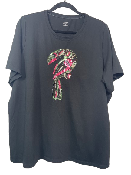 ALIA women's size 3X black embroidered sequin toucan short sleeve T-shirt front view