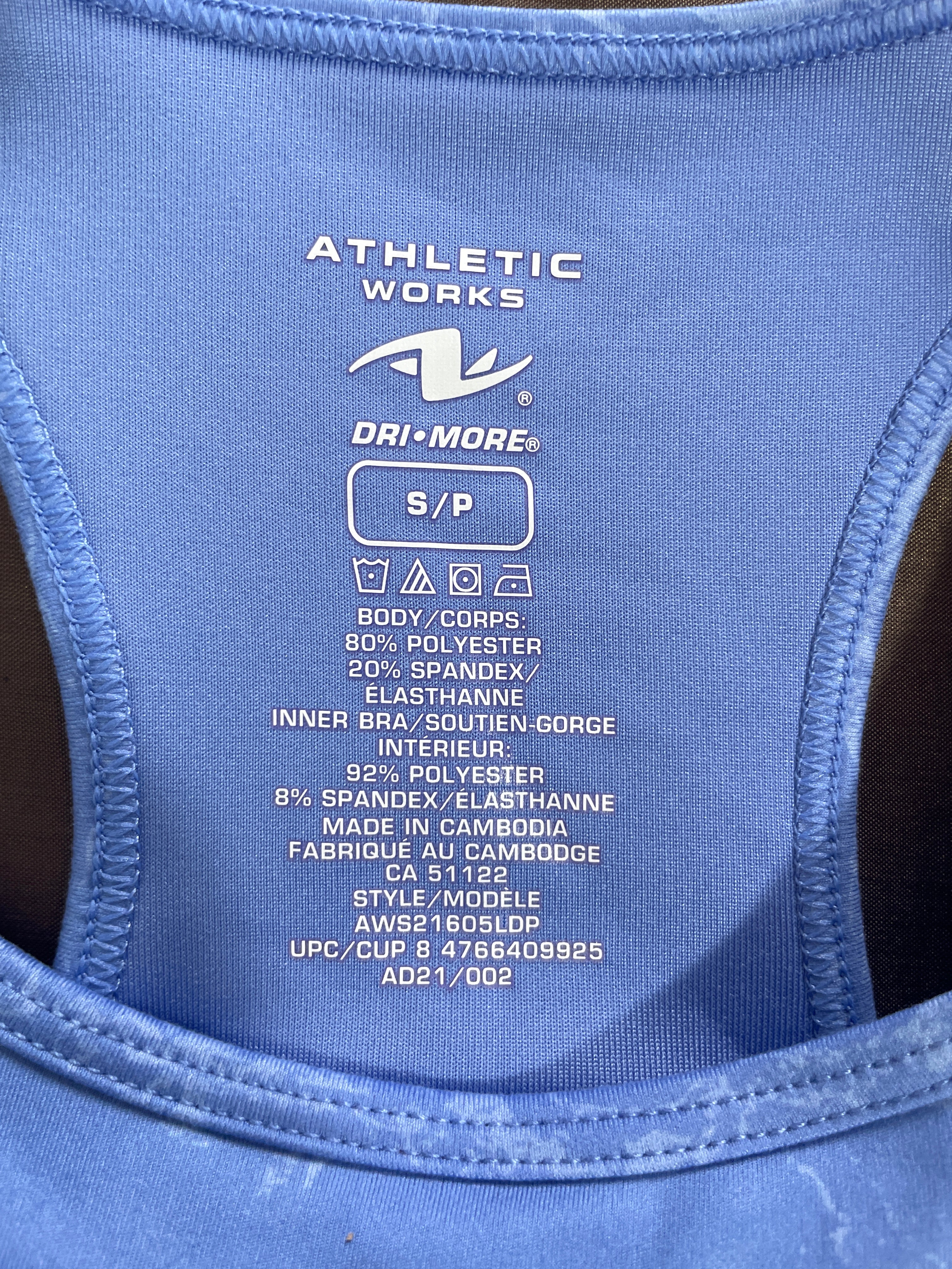 Athletic Works size small Dri-More sports bra fabric content and style label
