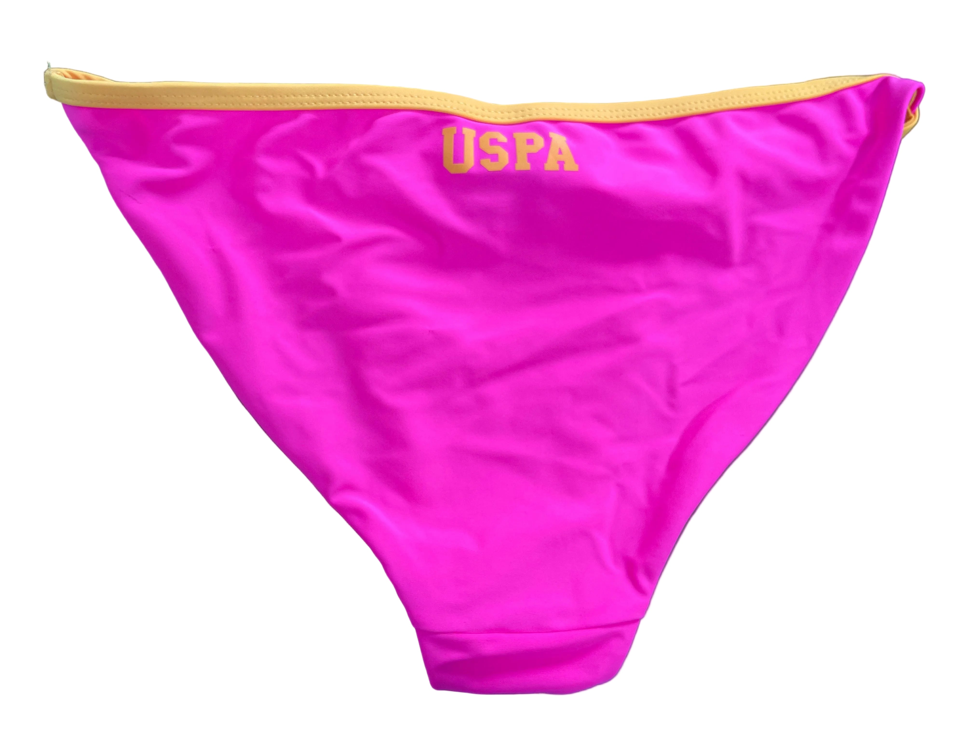 Back of U.S. Polo Assn. Cyber Pink bikini bottom with yellow USPA logo