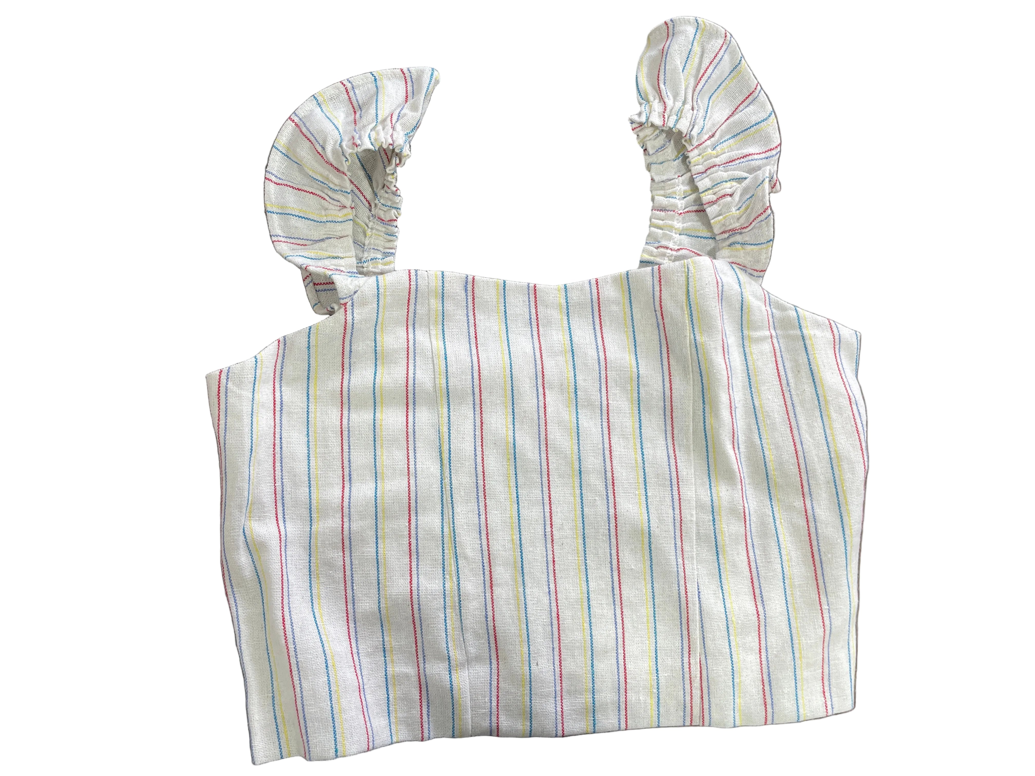 Honey Belle Small white multicolour striped cotton linen crop top front