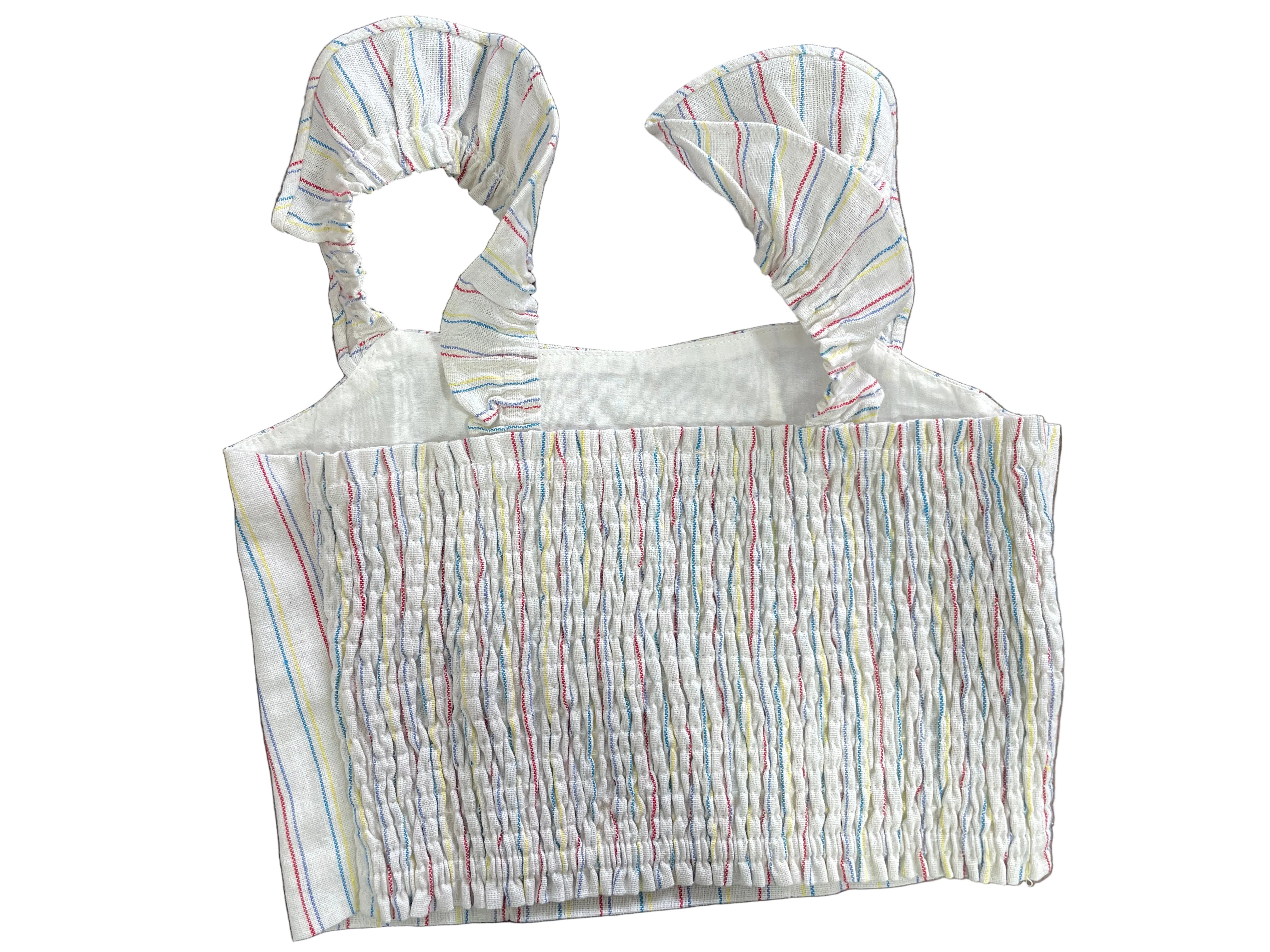 Honey Belle Small white multicolour striped cotton linen crop top back