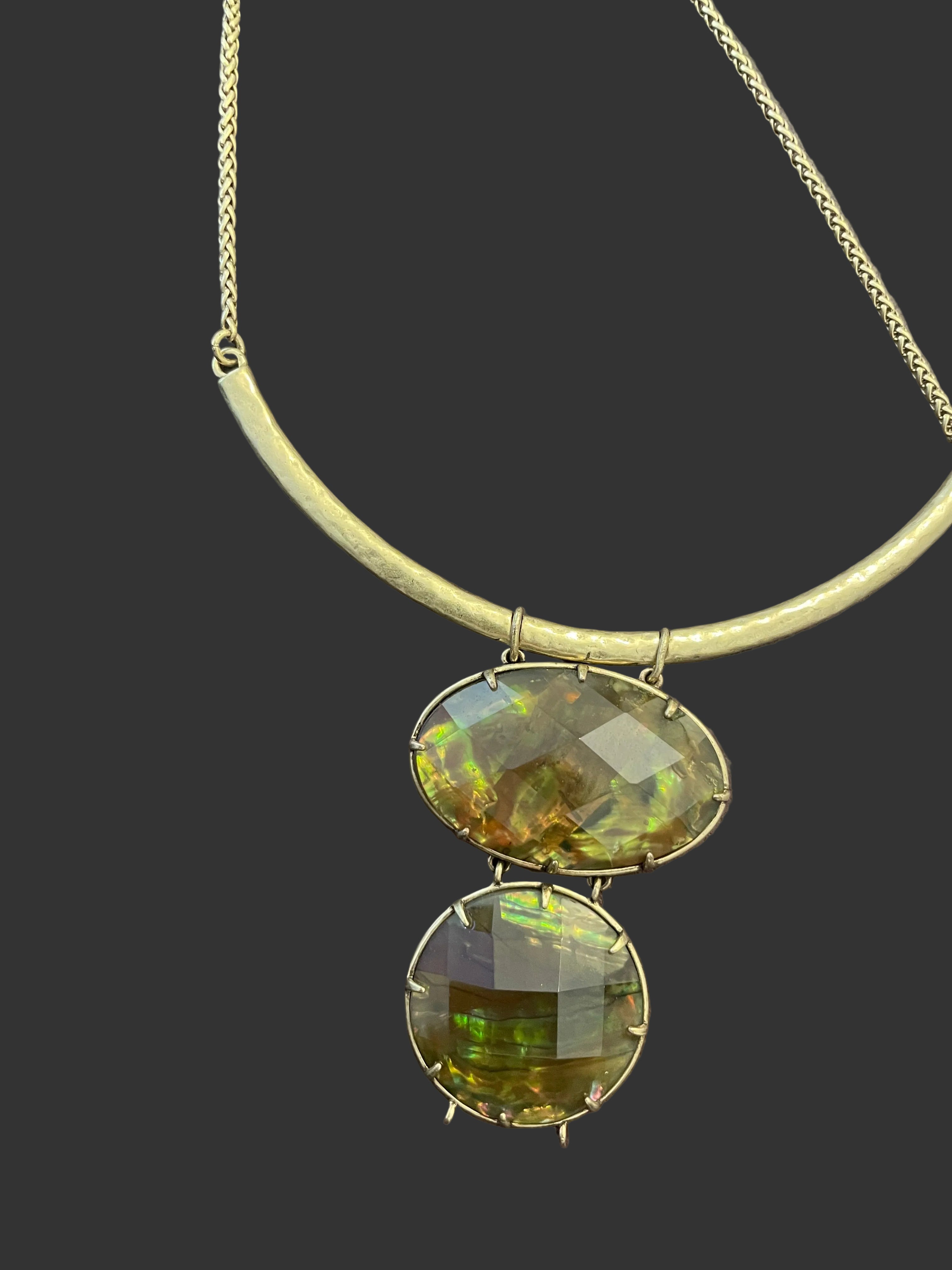 Gold Tone Statement Necklace with Green and Gold Iridescent Double Pendants
