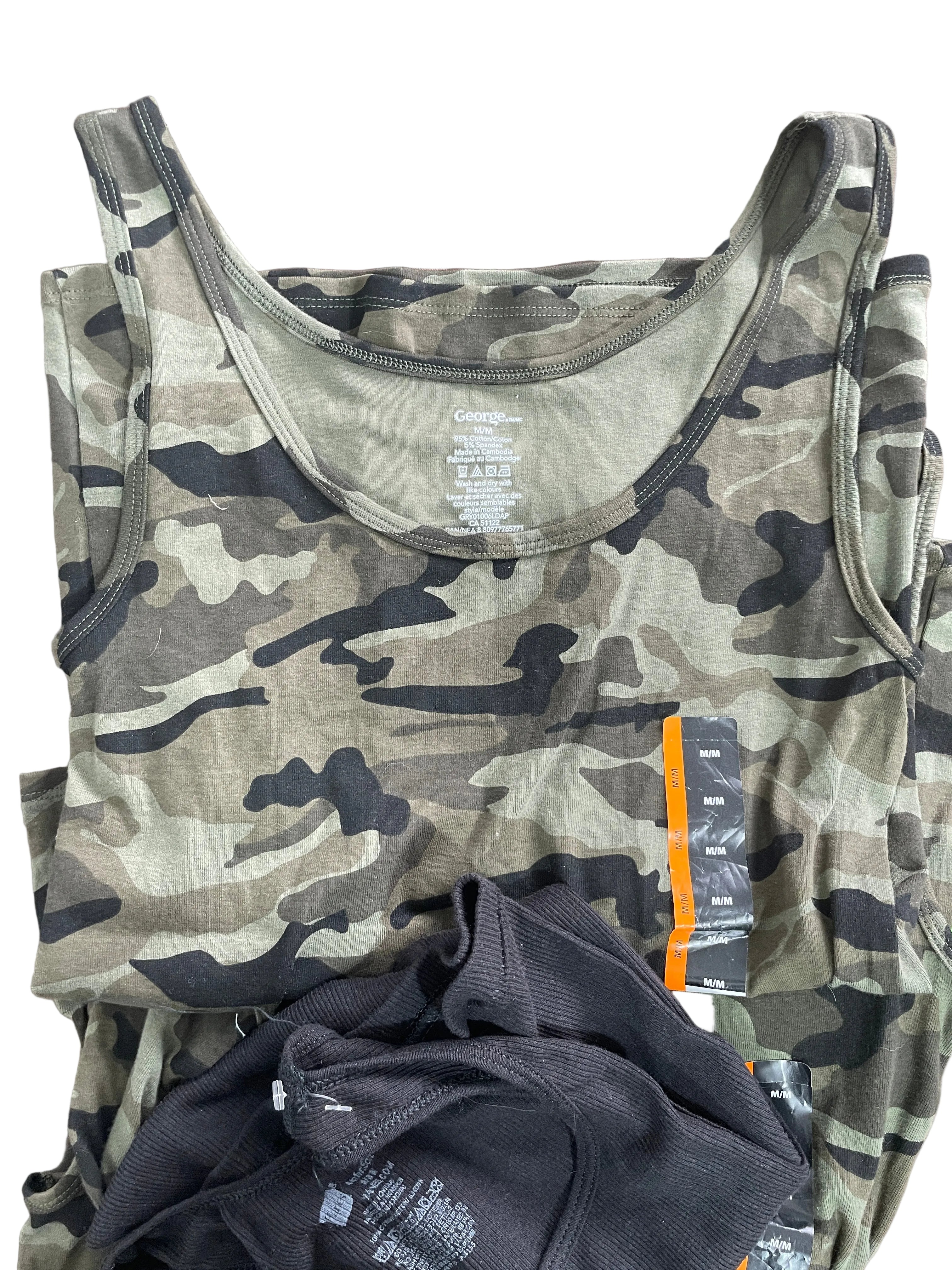 Men's Medium camouflage George tanks and black Hanes ComfortSoft tank 4-pack