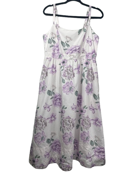 Well Worn Large white purple floral cotton poplin midi dress front