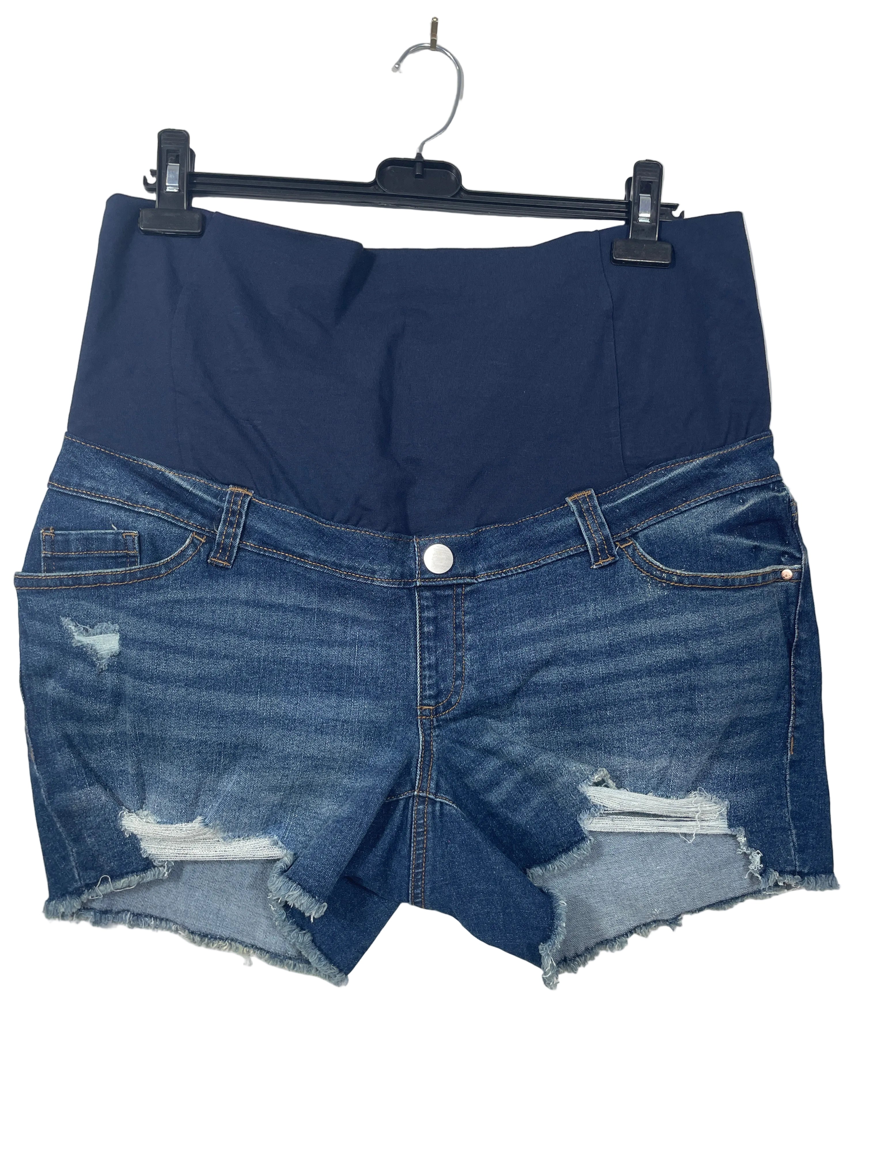 Paisley Sky maternity Large blue distressed denim shorts with belly panel front