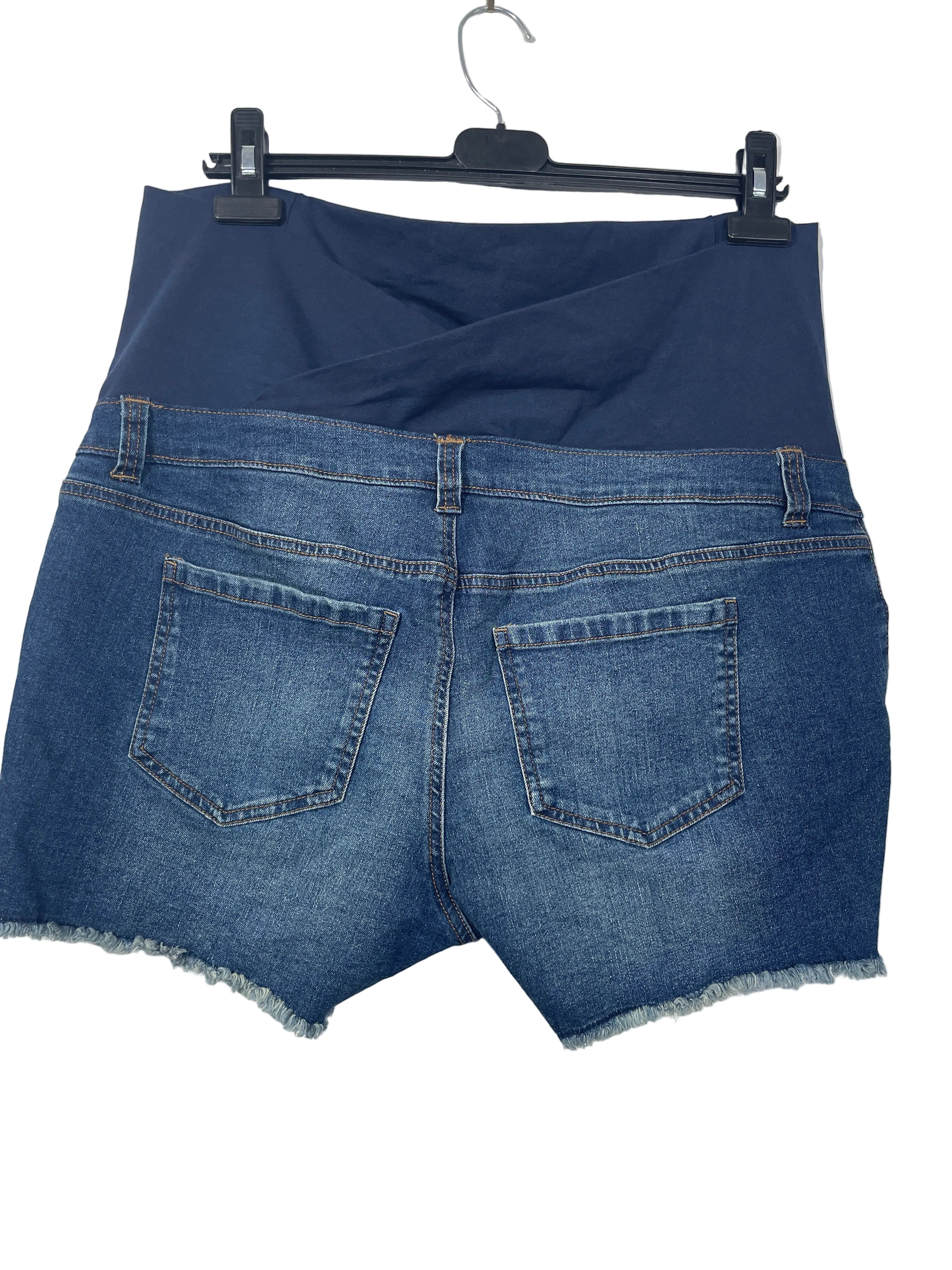 Paisley Sky maternity Large blue distressed denim shorts with belly panel back