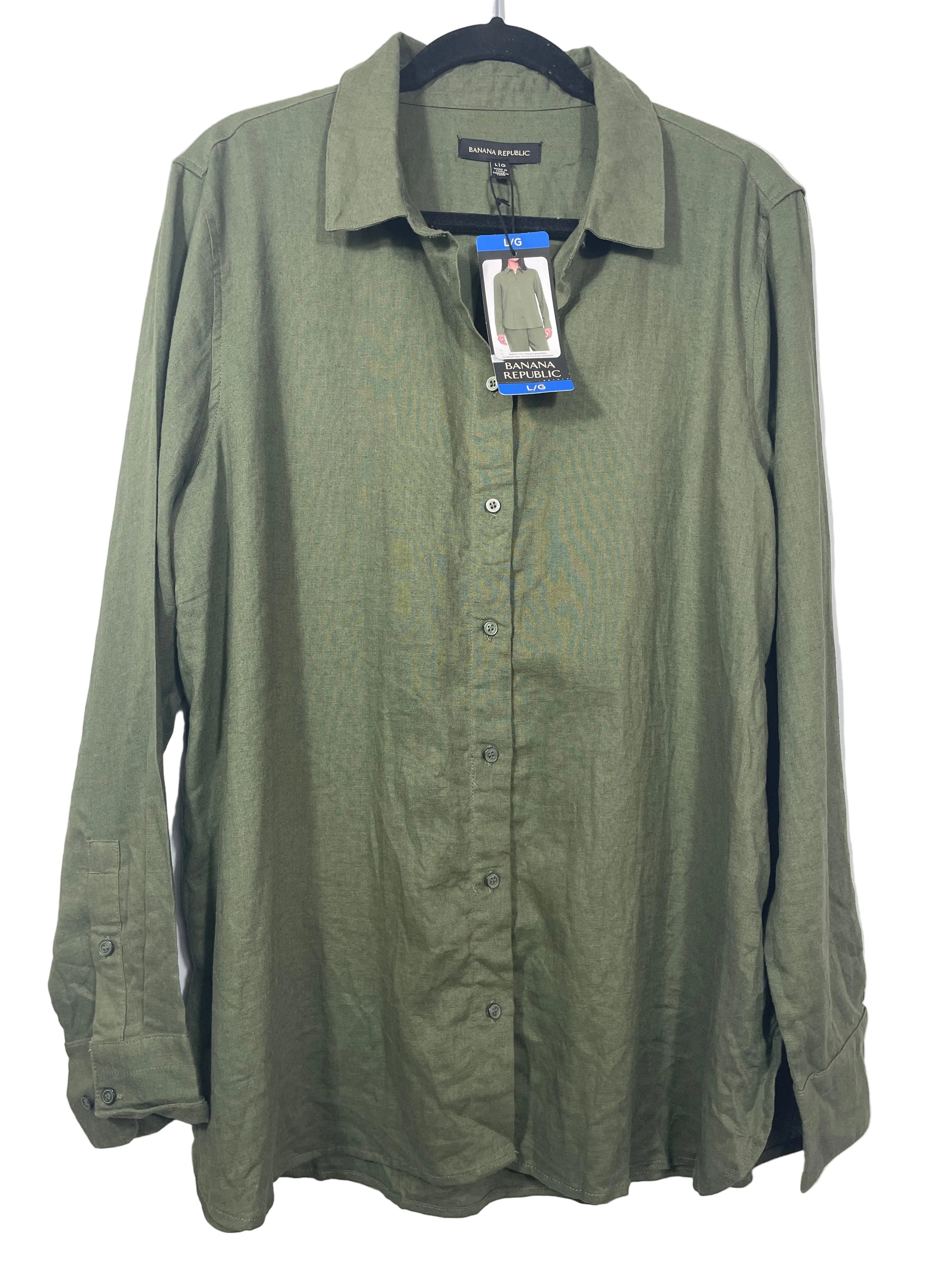 Banana Republic women's Large olive linen blend button down shirt front