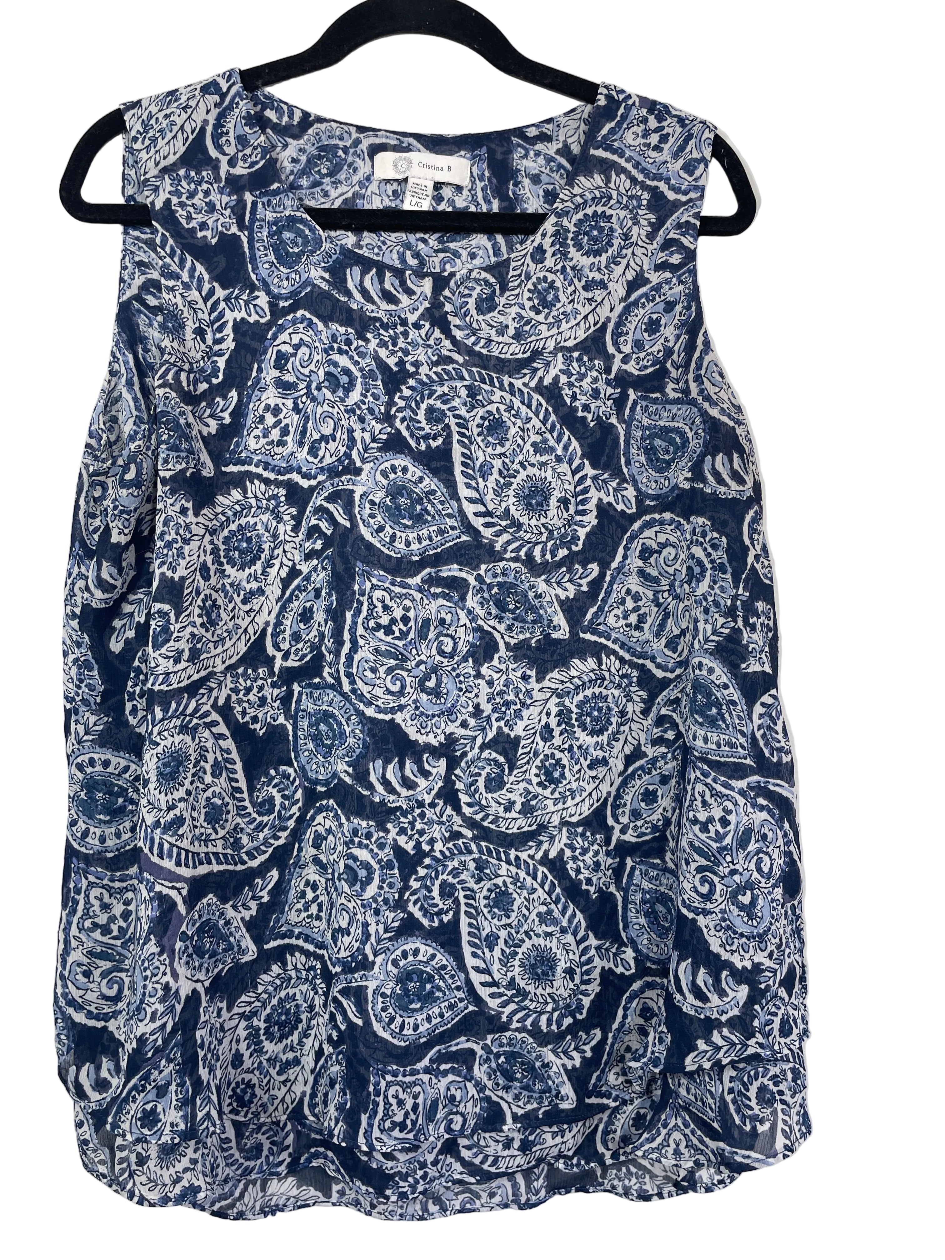 L Cristina B blue and white paisley layered sleeveless top