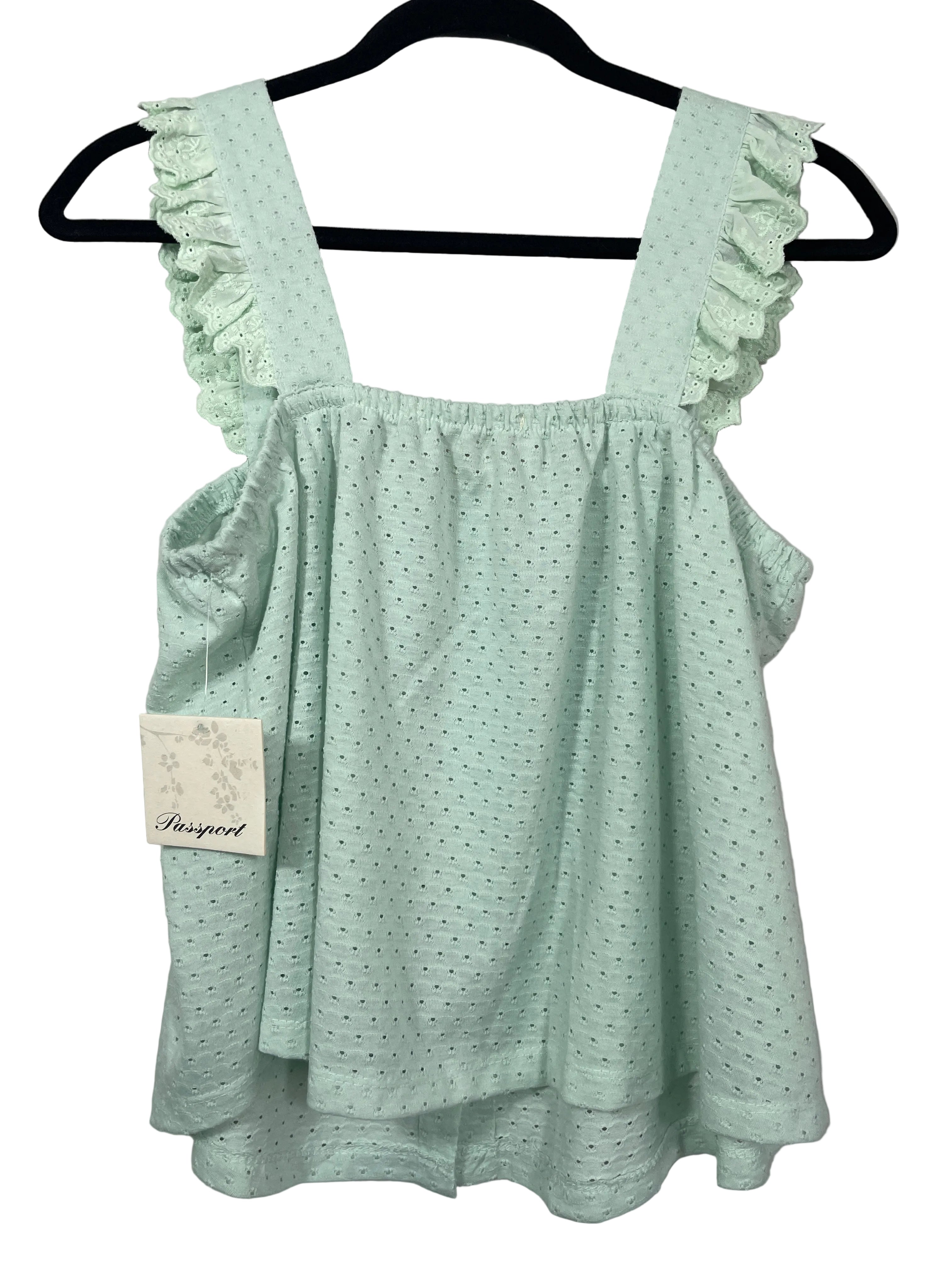 L Passport mint green eyelet ruffle tank top back view