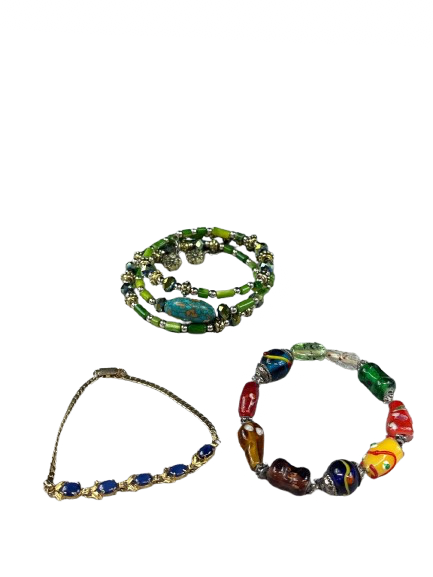Set of colorful beaded necklaces on a white background