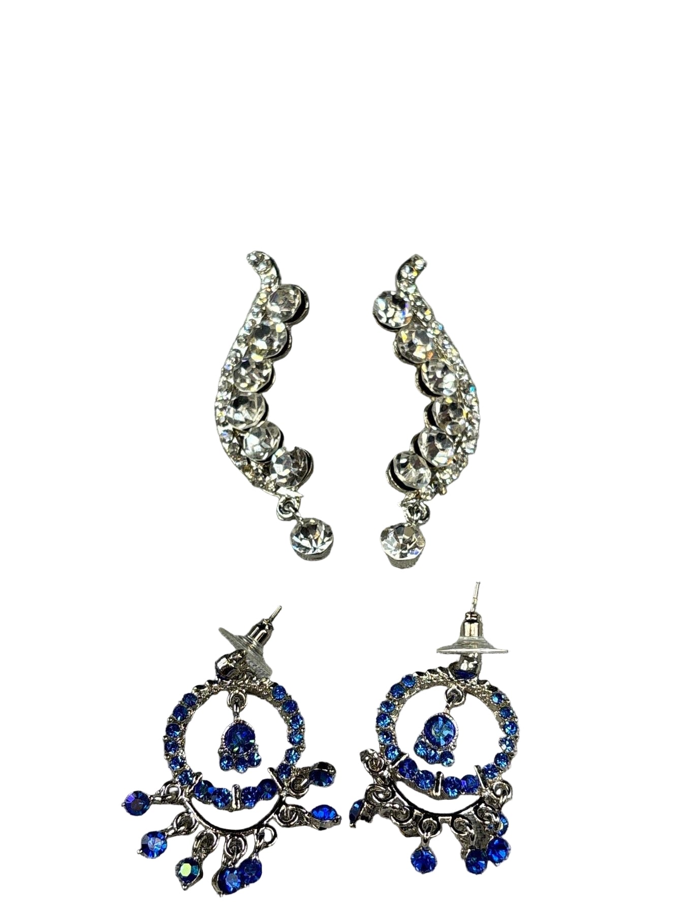 pair of two rhinestone earrings, one blue one clear rhinestones