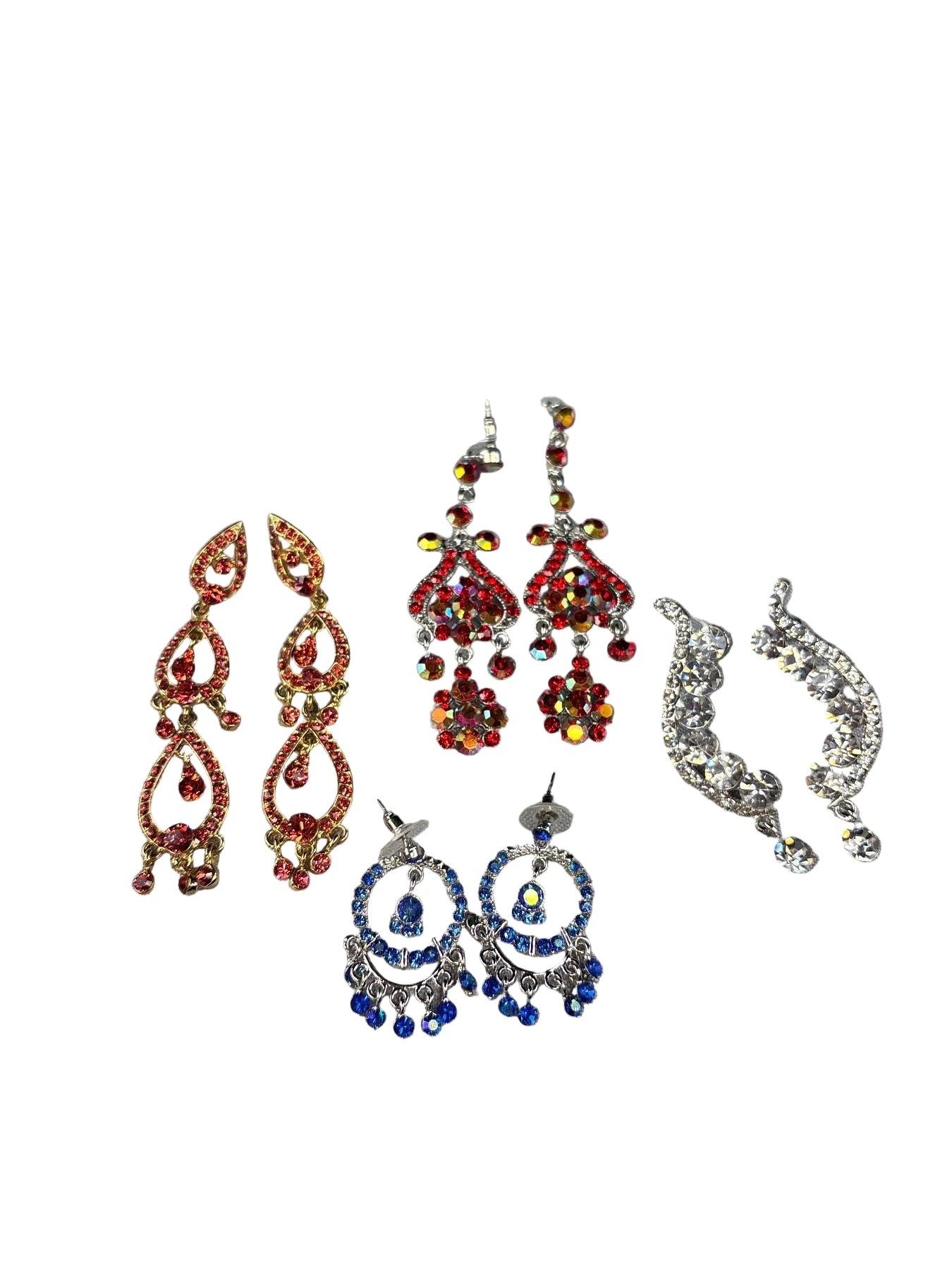 Lot of four pairs of rhinestone earrings in red, blue, and clear