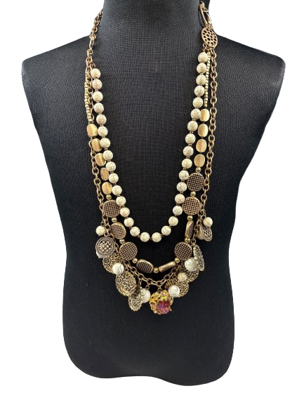 Multi-layer coin and bead necklace with red centre stone