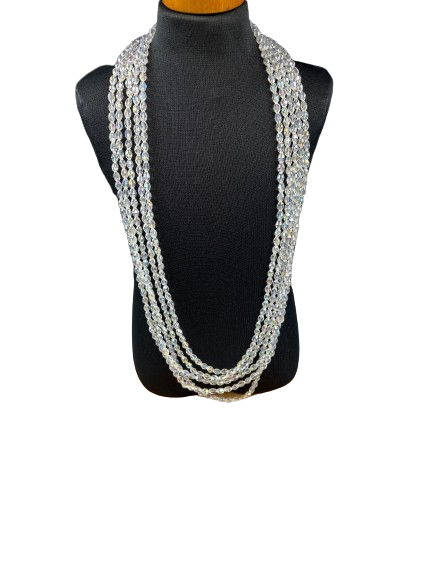 Vintage 5-strand aurora borealis crystal necklace on display stand