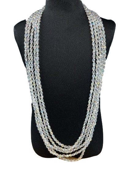Vintage 5-strand aurora borealis crystal necklace on display stand
