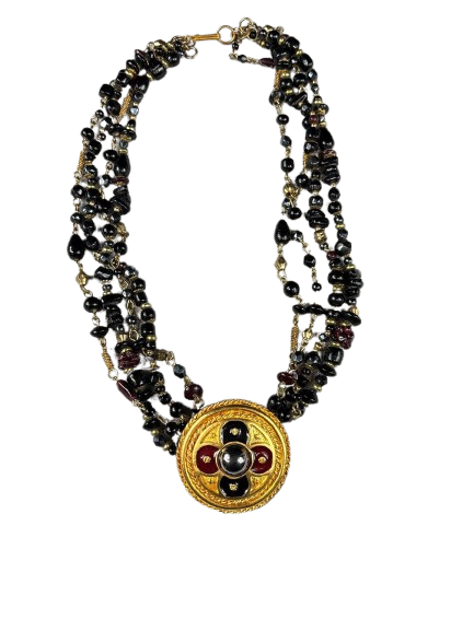 Vintage multi-strand black and gold glass bead necklace