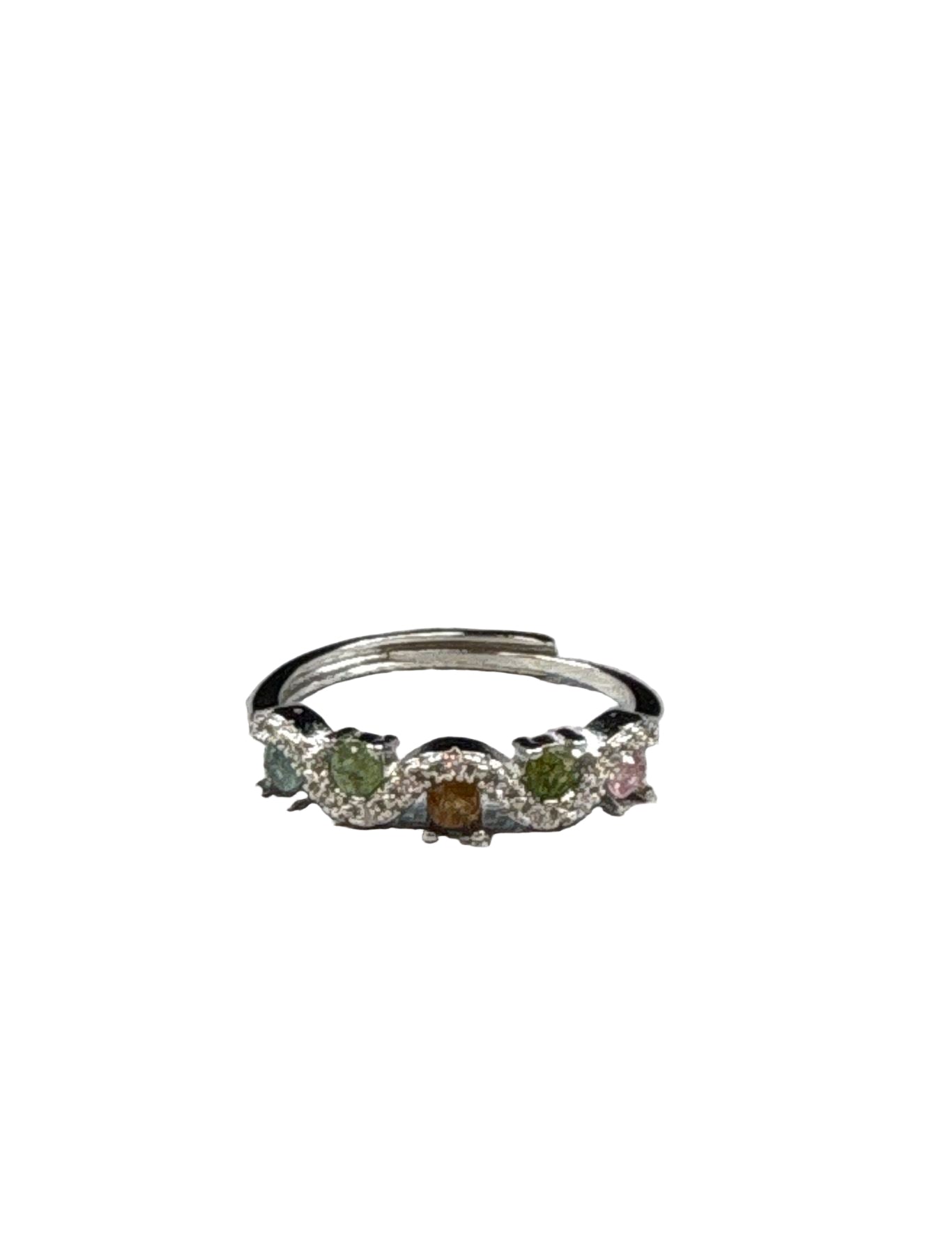 Close-up of multi-coloured tourmaline ring with silver tone band