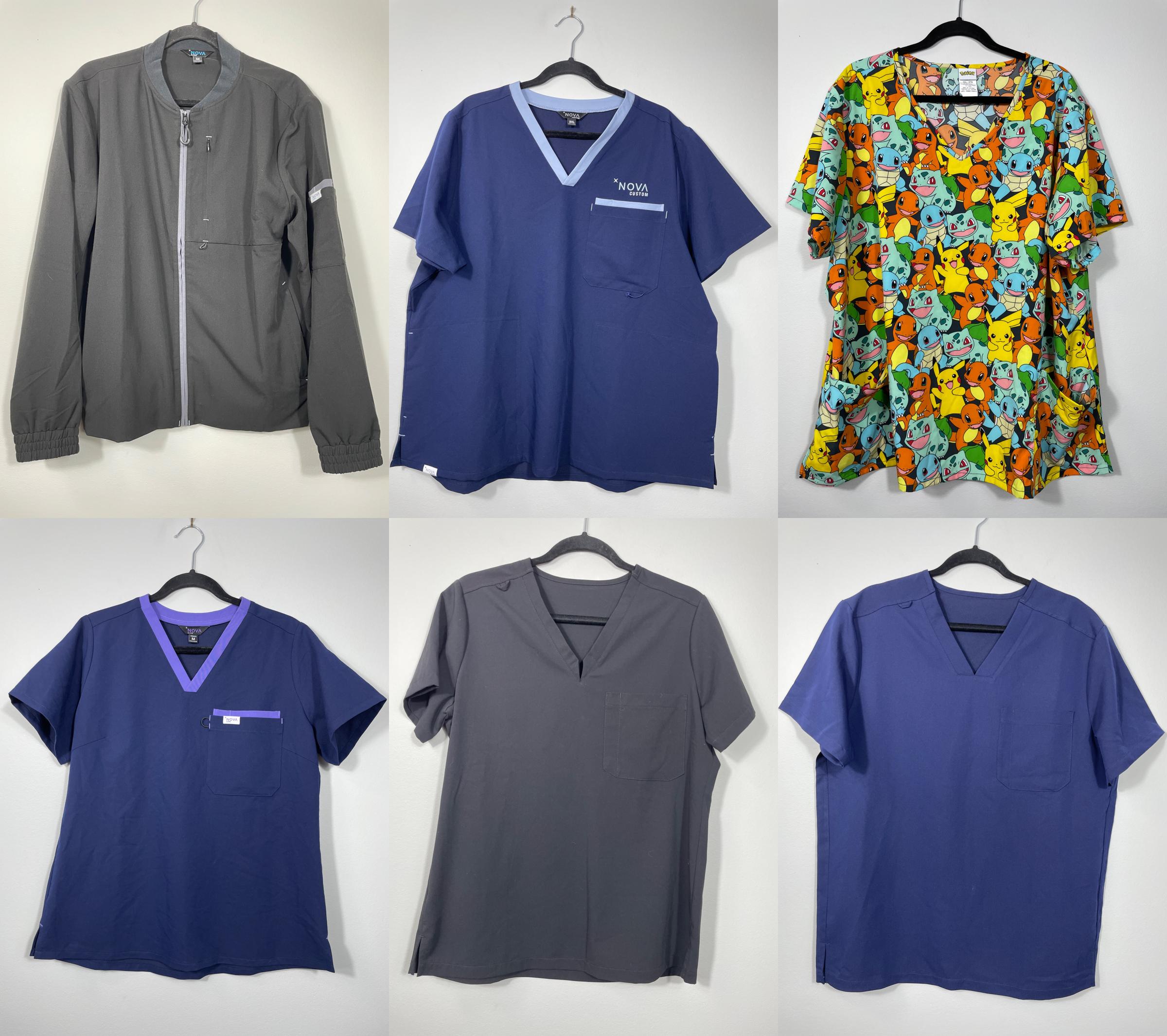 collection of scrub tops and one jacket