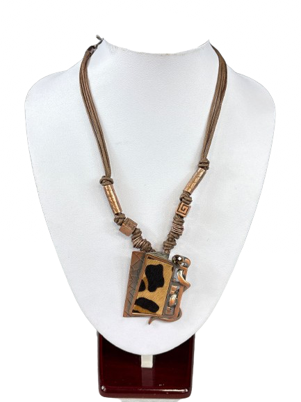 Brutalist style copper necklace with faux animal hair inlay 