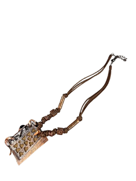 Brutalist style copper necklace with faux animal hair inlay backside
