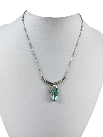 Silver-tone aqua rhinestone pendant necklace