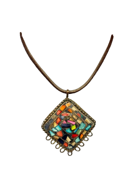 Vintage mosaic pendant with colourful stone inlay on leather strap