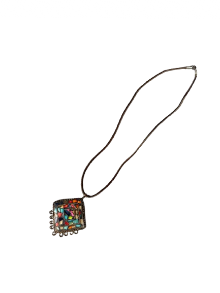 Vintage mosaic pendant with colourful stone inlay on leather strap