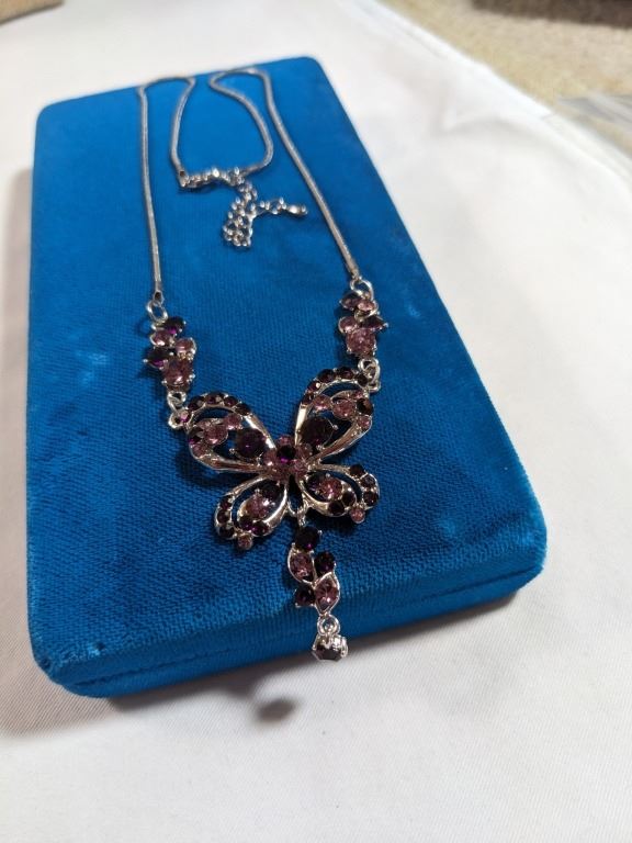 Silver Tone Butterfly Necklace with Purple and Pink Rhinestones